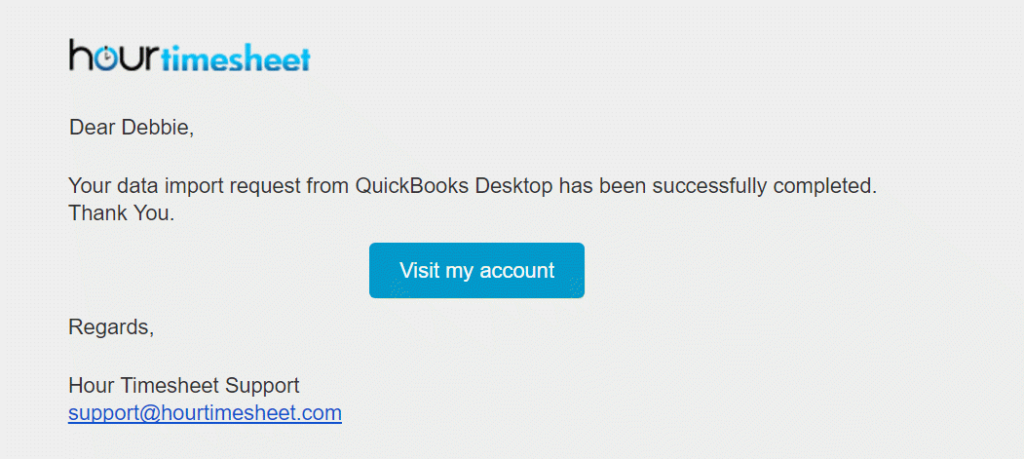 Automated email alert confirming successful import from QuickBooks