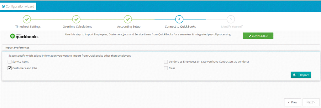 QuickBooks Online import preferences screenshot