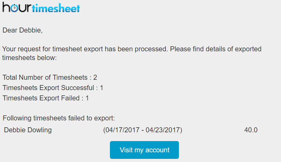 Export Timesheet Data to QuickBooks desktop - export email confirmation