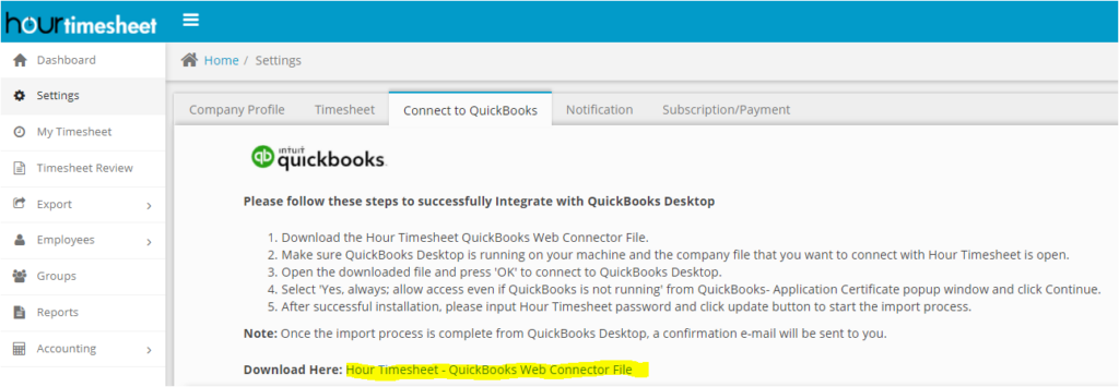 Hour Timesheet QuickBooks Web Connector LInk