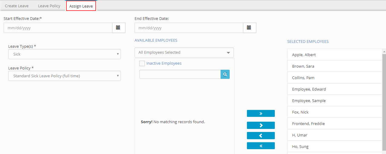 Assigning Employee Leave Screenshot
