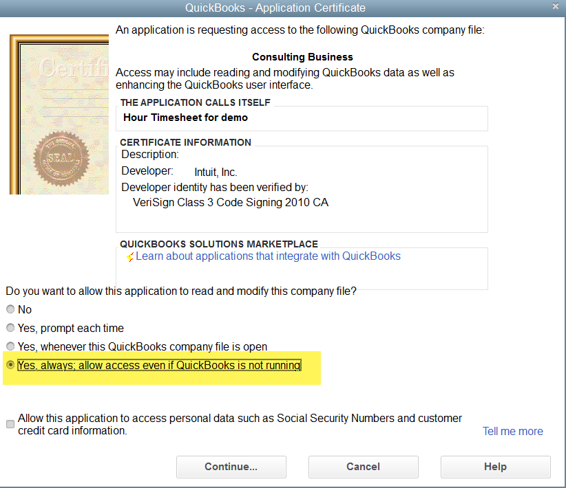 QuickBooks Authorization Prompt while setting up HTS