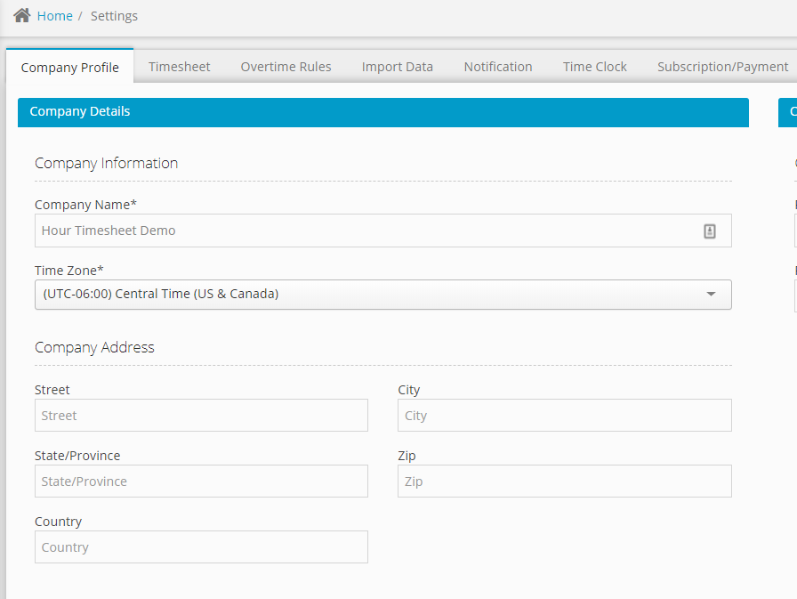 Settings Company Profile