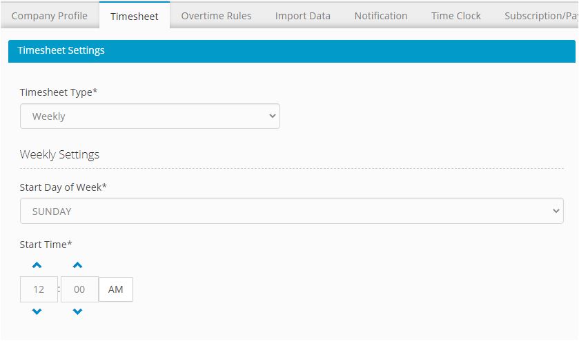 Timesheet Settings Tab