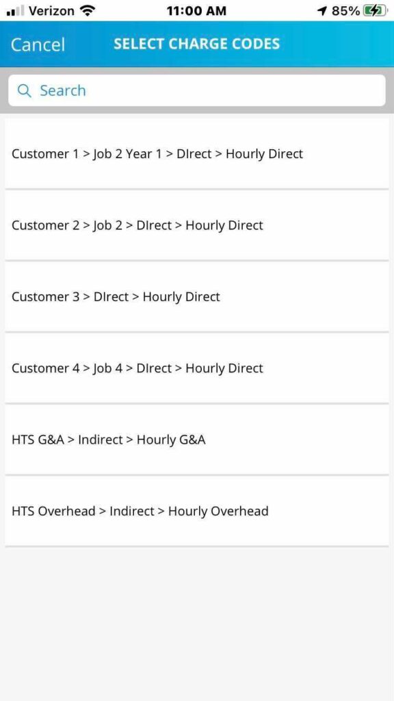 Screenshot Of Hour Timesheet App - Select Charge Codes